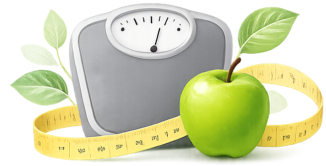 A set of bathroom scales with an apple and a tape measure on them
