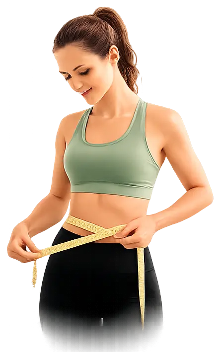 A woman measuring her waist with a tape measure
